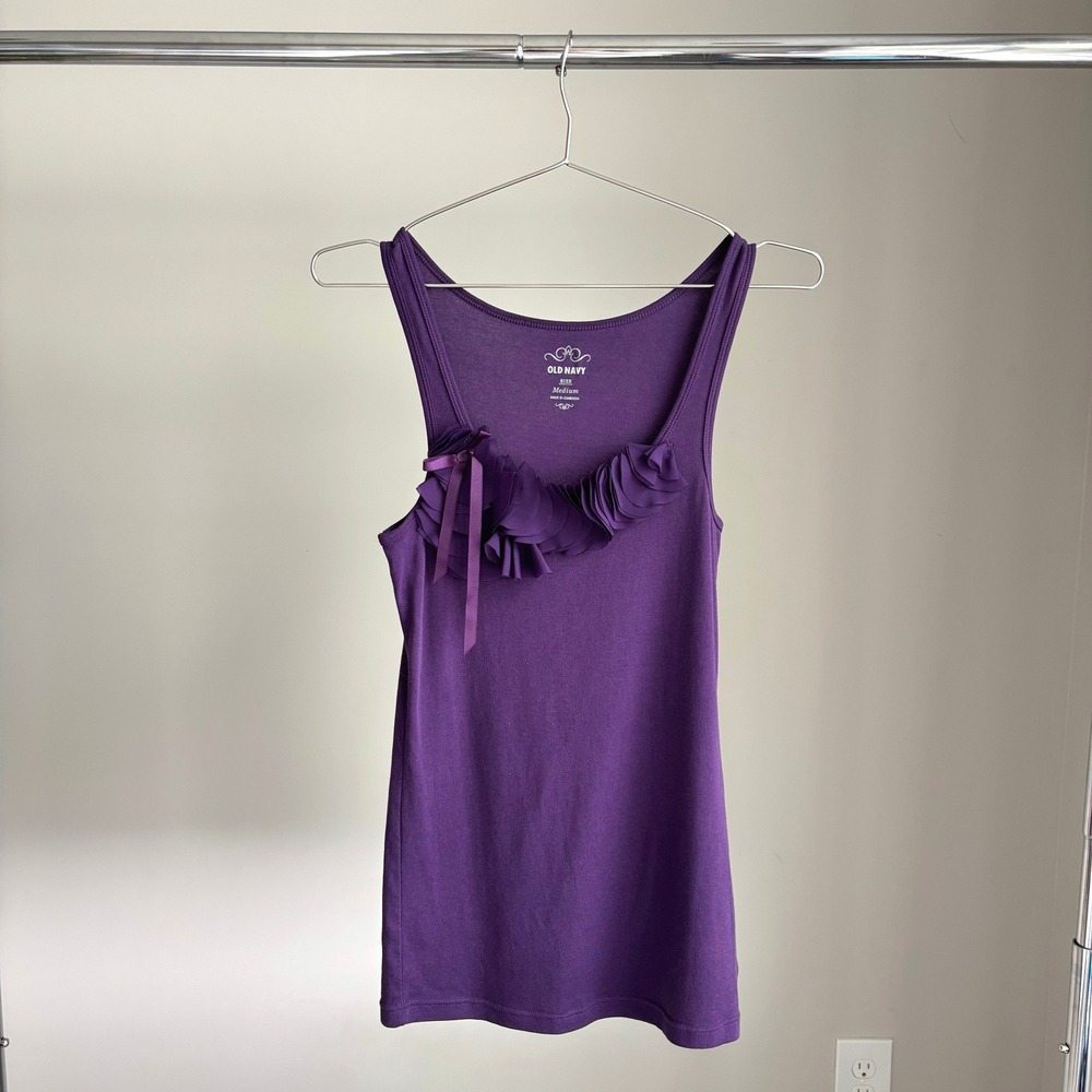 Old Navy Purple Ruffled Bow Tank Top M Cotton Scoop Neck 2010s Frilly Romantic